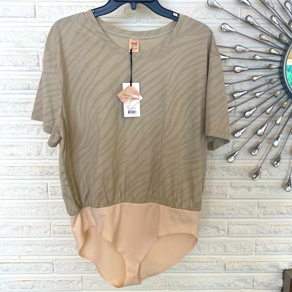 Smash + Tess beige, faint tiger stripe body suit, size large.